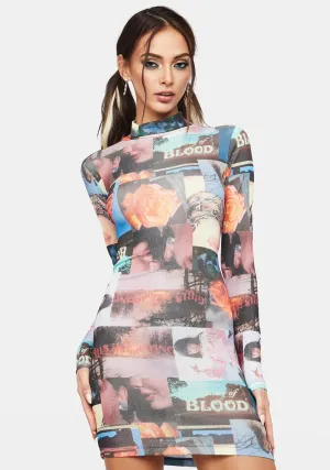 Collage Print Cut Out Back Bodycon Dress