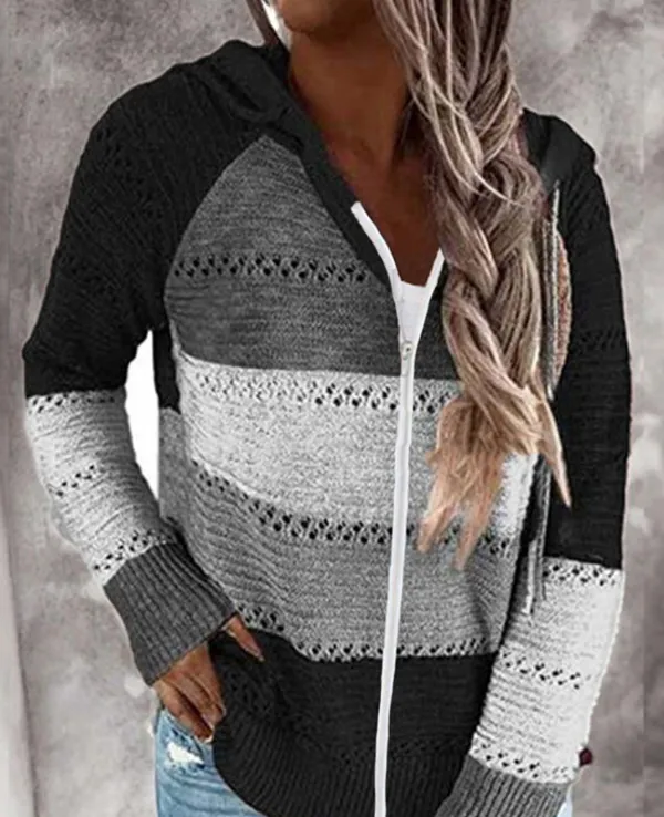 Contrast Color Knitted Zipper Lightweight Hoodie