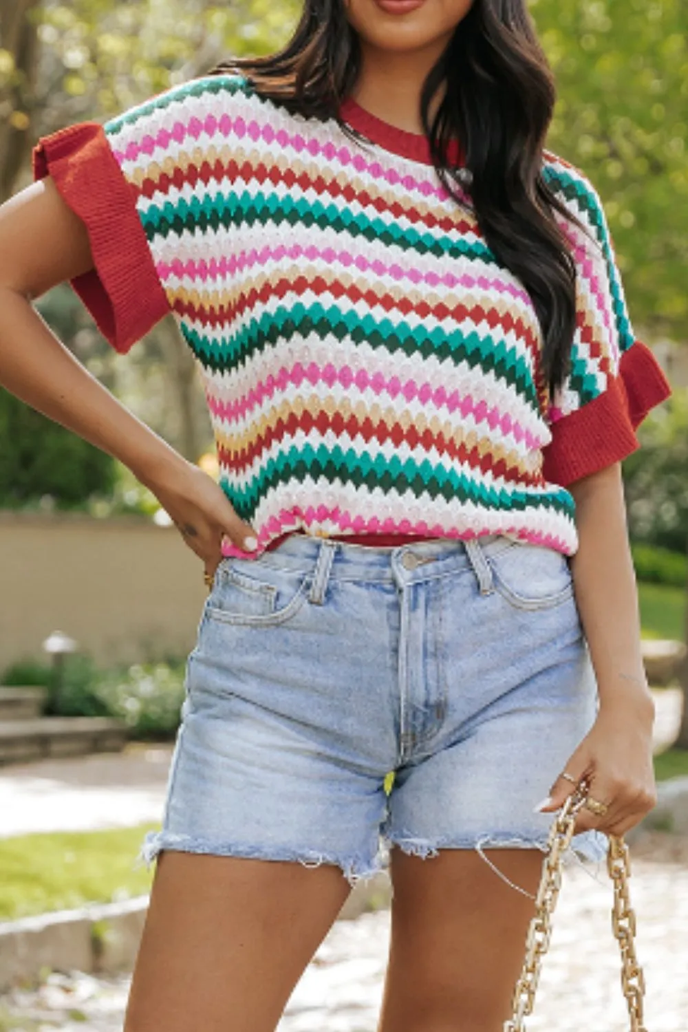 Contrast Round Neck Short Sleeve Sweater