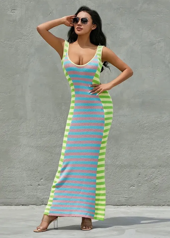 Contrast Striped Sleeveless Maxi Knitted Dress