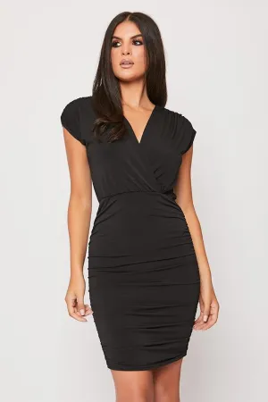 Cora - Black V Front Ruched Bodycon Dress