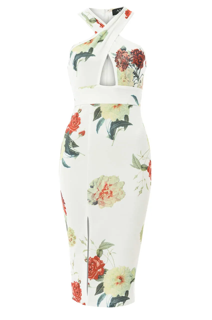 Cream Midi Dress with Floral Cross Front