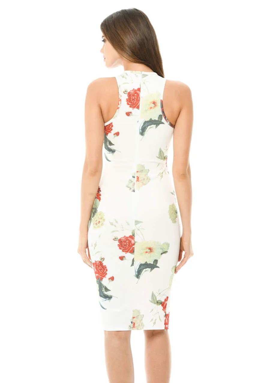 Cream Midi Dress with Floral Cross Front