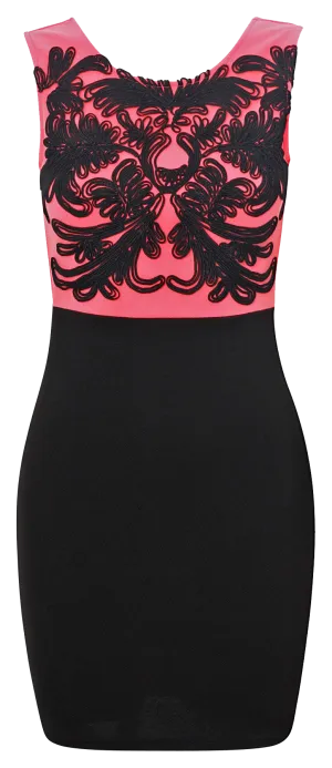 Crepe Needle Embroidered Sleeveless Bodycon Dress