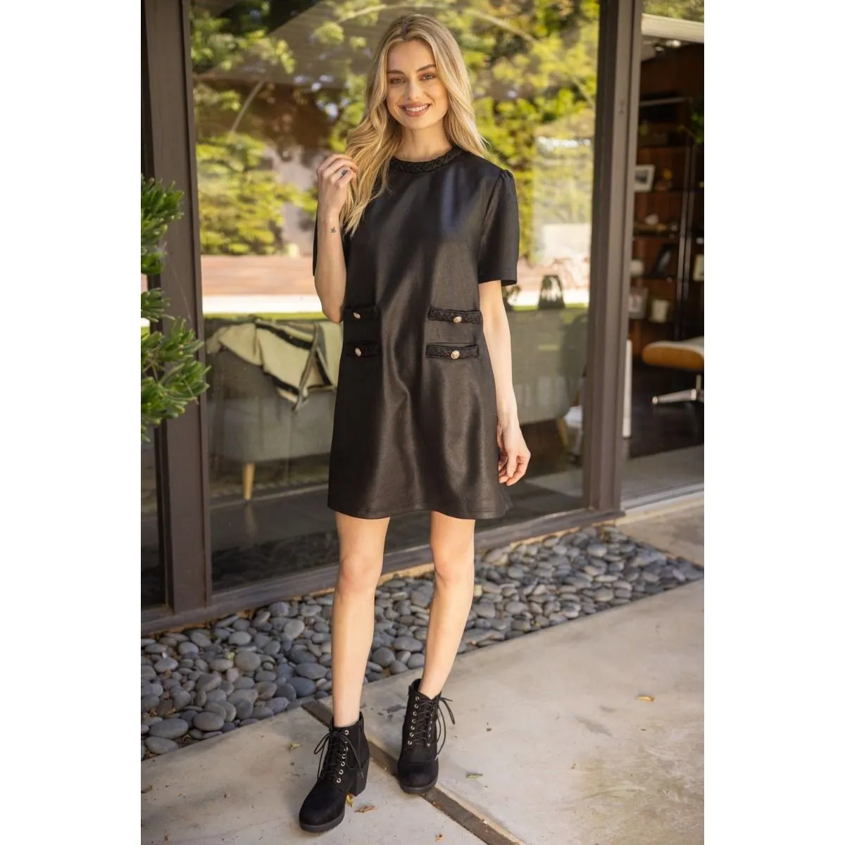 Daniela Braid Neck Double Pocket Leather VOY Dress