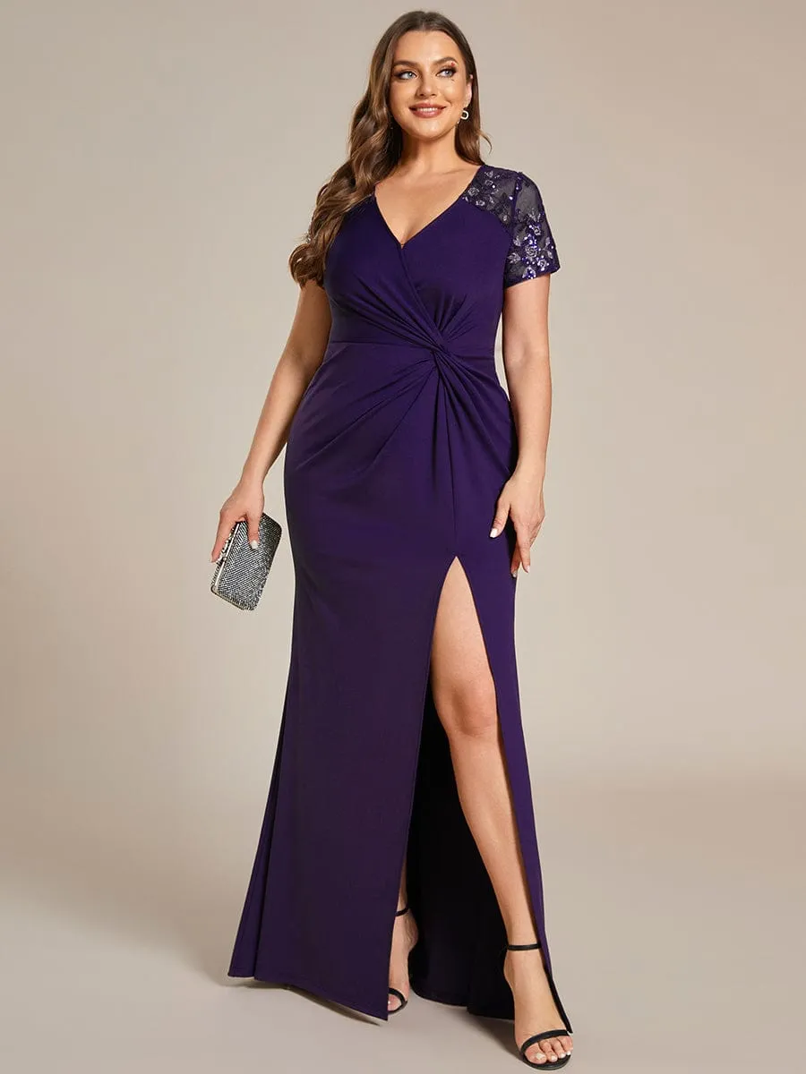 Deep V-Neck Sequin Short Sleeve High Side Front Slit Mother of the Bride Dresses