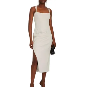 Double Strap Women White Leather Midi Dress