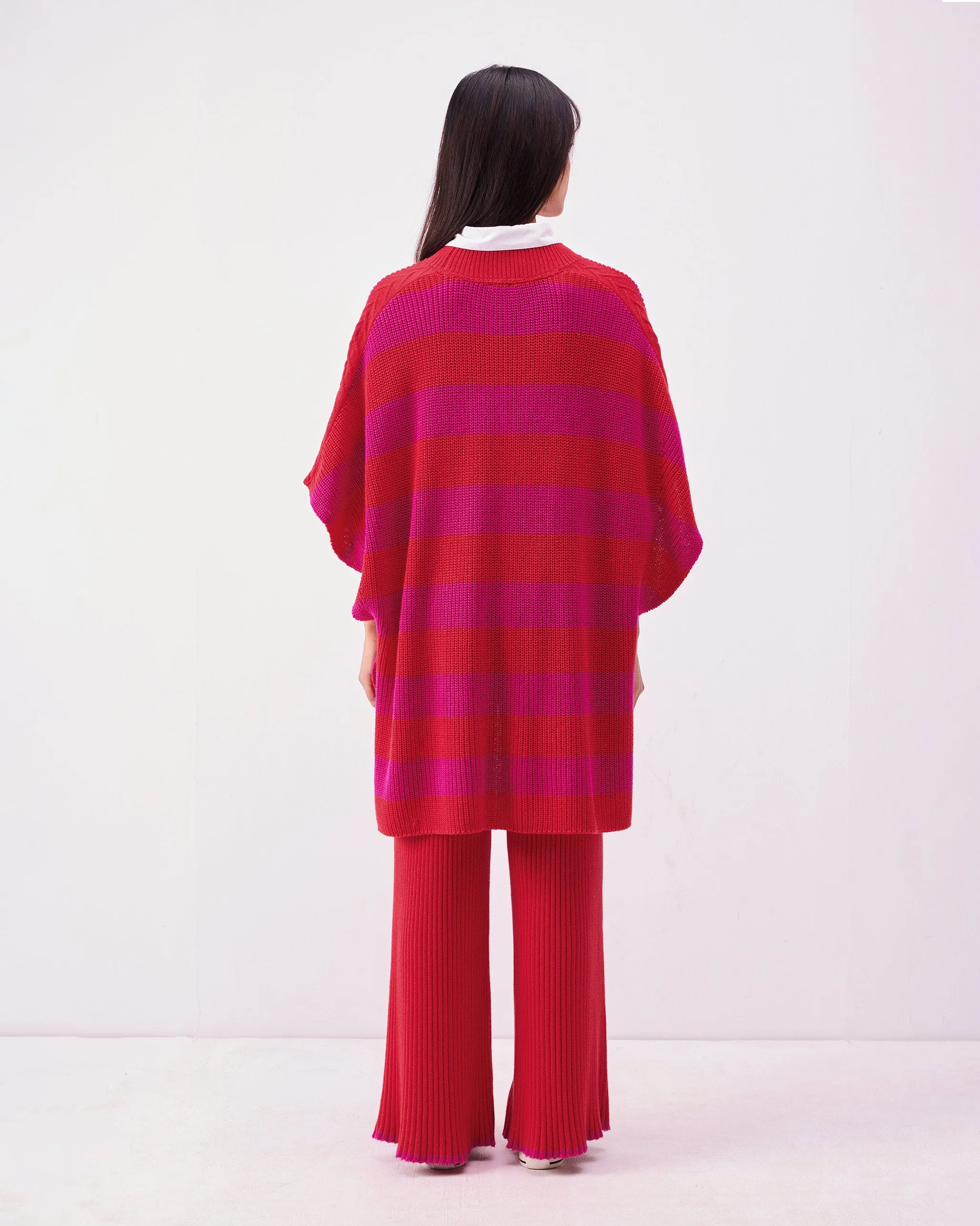 Dream High-low Hem Sweater - Fuchsia & Bright Red Stripes