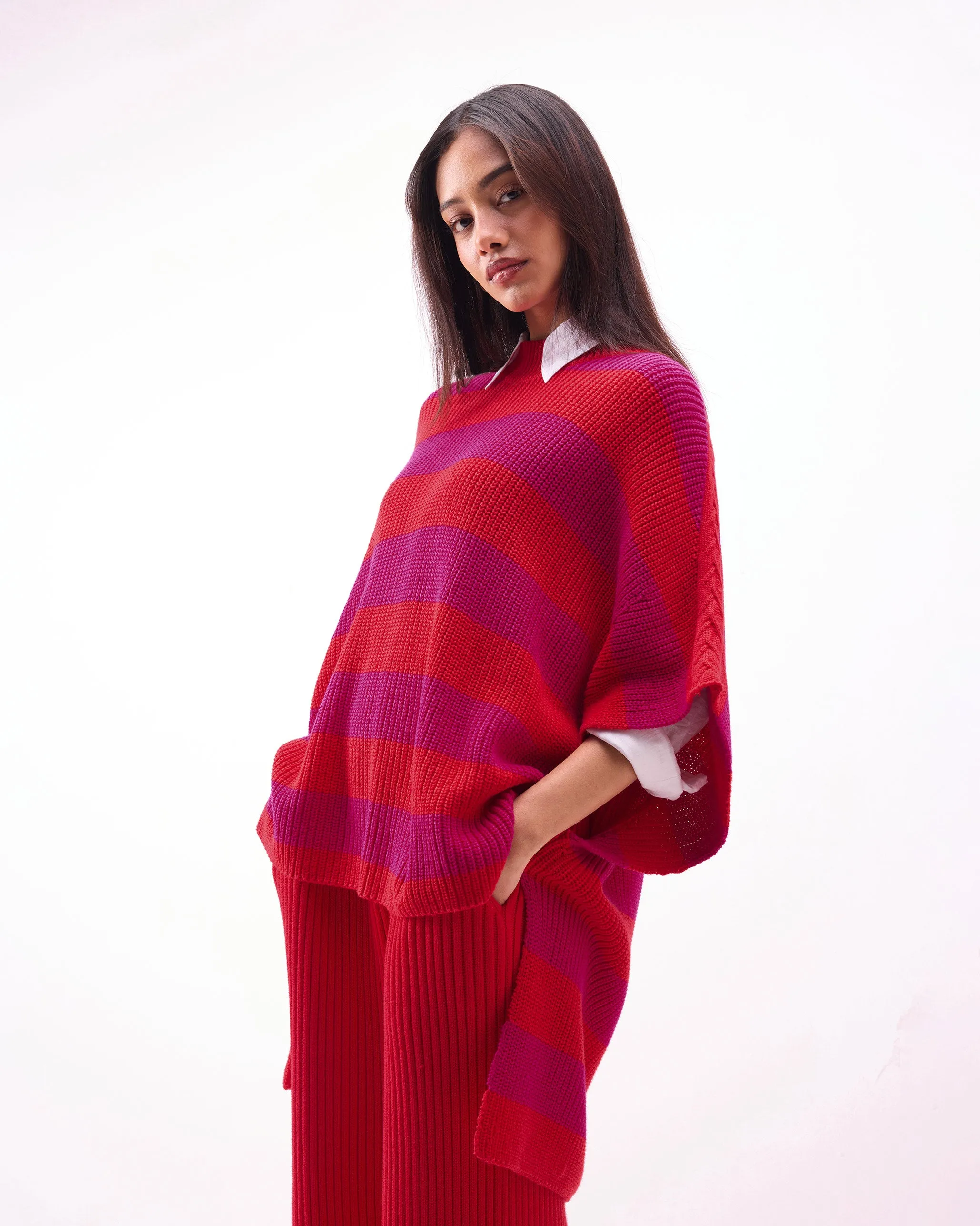 Dream High-low Hem Sweater - Fuchsia & Bright Red Stripes