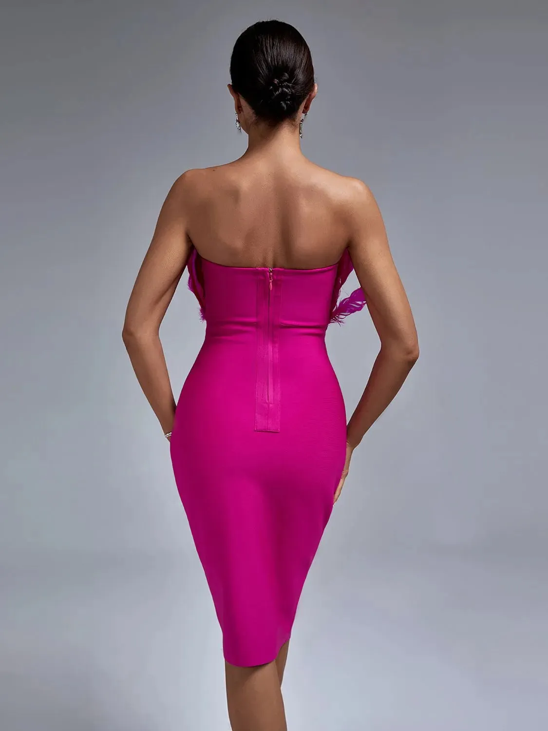 Elegant Pink Feather Midi Bandage Bodycon Dress