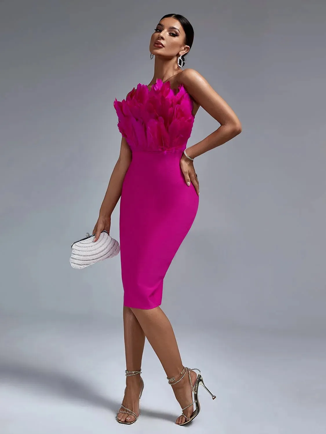 Elegant Pink Feather Midi Bandage Bodycon Dress