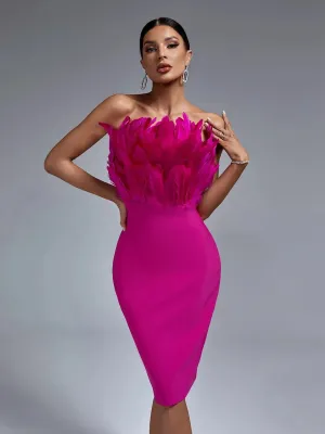 Elegant Pink Feather Midi Bandage Bodycon Dress