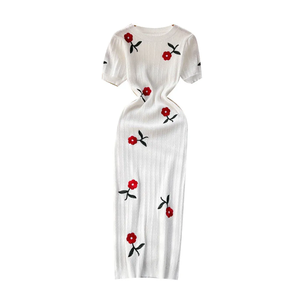 Elegant Rose Embroidered Knitted Dress