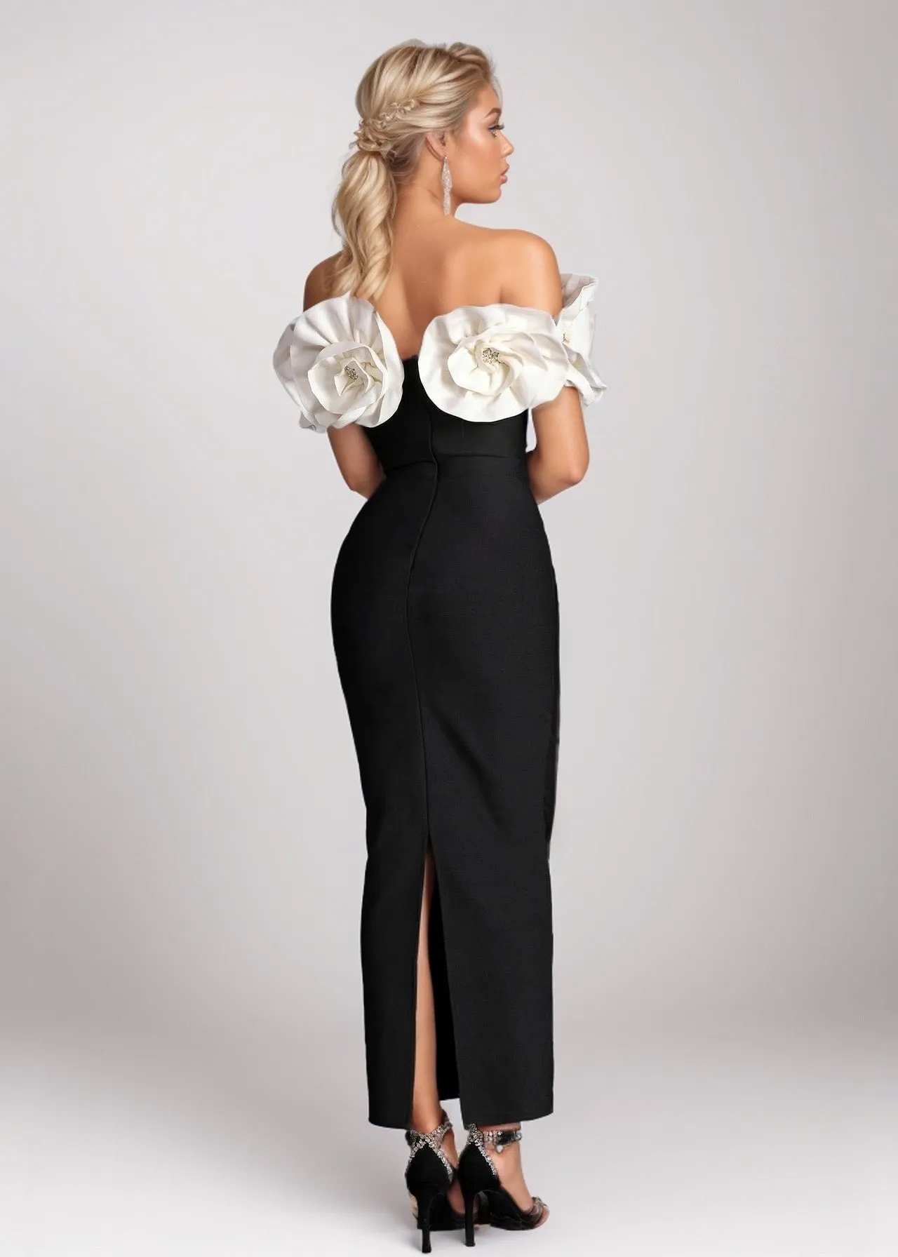 Elsa Contrast 3D Flower Decor Off-Shoulder Bodycon Dress