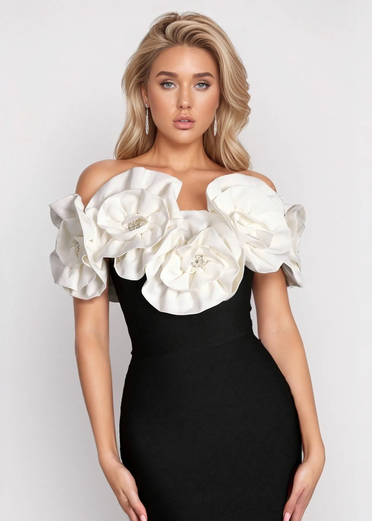 Elsa Contrast 3D Flower Decor Off-Shoulder Bodycon Dress