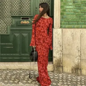 Fall Long Sleeve Maxi Dress For Women 2023 Autumn Casual Fashion Bodycon Slim Red Print Party Dresses Elegant Vestidos