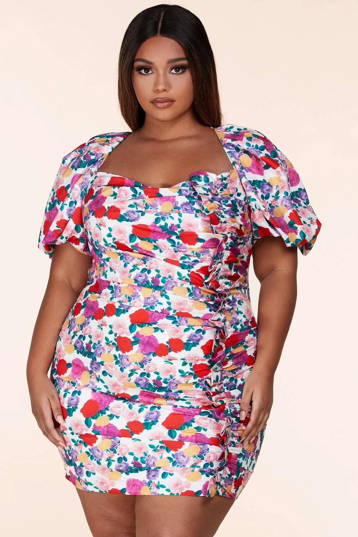 Fasheabe Rose Floral Print Plus Mini Dress