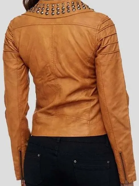 Fashionable Studded Brown Women Biker Leather Jacket