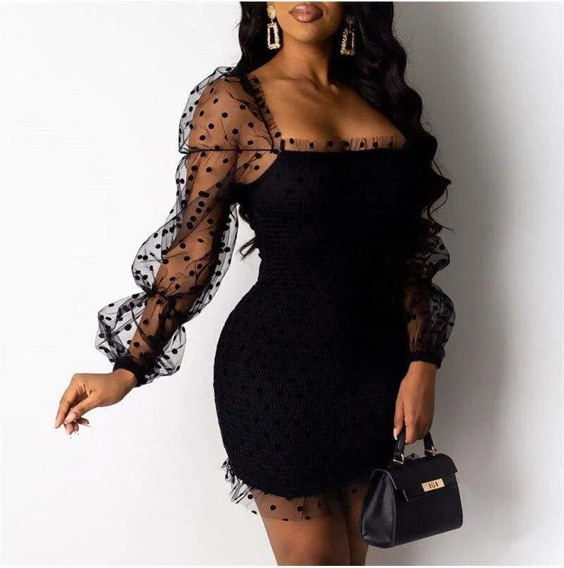 FashionSierra - Fashion Women Sexy Mesh Puff Long Sleeve Bodycon Mini Dress Elegant Ruffles Bandage Party Club Ladies Dresses Streetwear