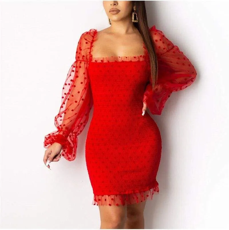 FashionSierra - Fashion Women Sexy Mesh Puff Long Sleeve Bodycon Mini Dress Elegant Ruffles Bandage Party Club Ladies Dresses Streetwear