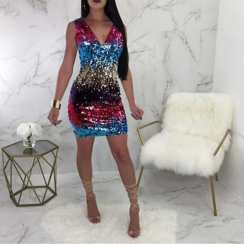 FashionSierra - Fashion Women Summer Sleeveless V-Neck Bodycon Sequin Party Short Mini Dress Ladies High Waist New Sexy Party Dress