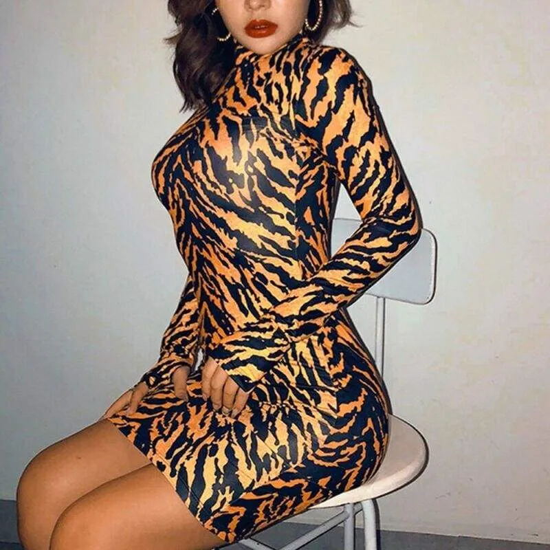 FashionSierra - Leopard Dress Sexy Women's Lady Long Sleeve Bandage Bodycon Evening Party Short Mini Dress Slim Fit Clubwear