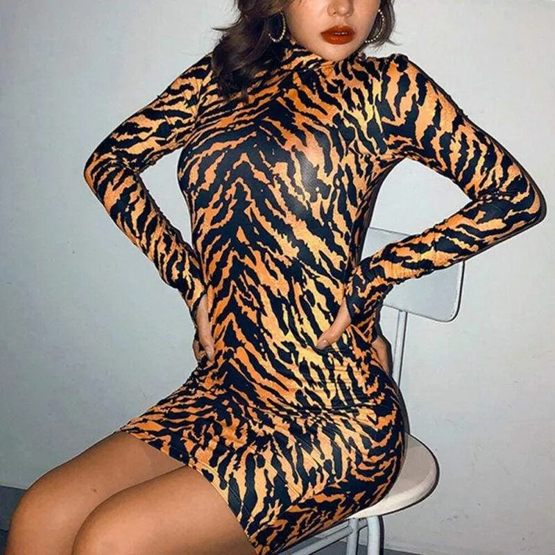 FashionSierra - Leopard Dress Sexy Women's Lady Long Sleeve Bandage Bodycon Evening Party Short Mini Dress Slim Fit Clubwear