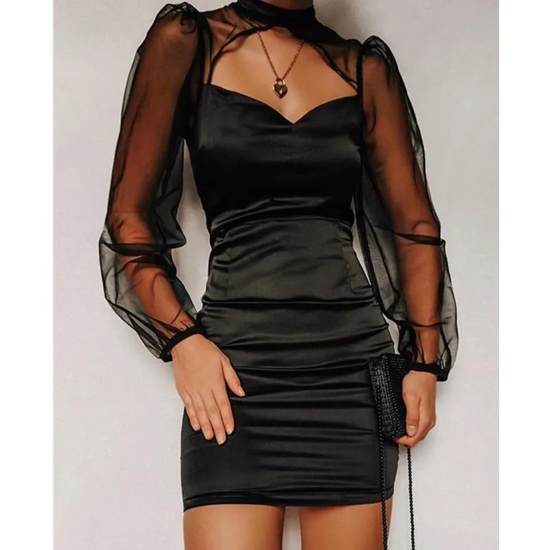 FashionSierra - Mesh Bodycon Mini Dress WomenBlack Hollow Out Long Sleeve Bodycon Mini Dress Women High Waist Sheath Vestidos