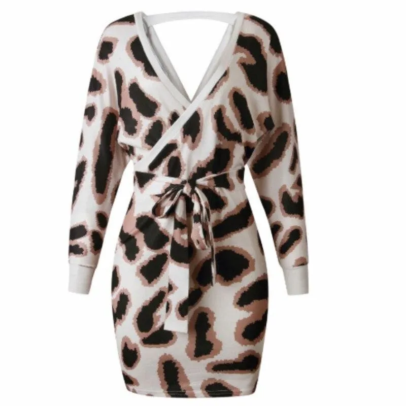 FashionSierra - New Fashion Women Autumn Elegant Leopard Bodycon Dress Long Sleeve V-neck Backless Casual Vintage Dress