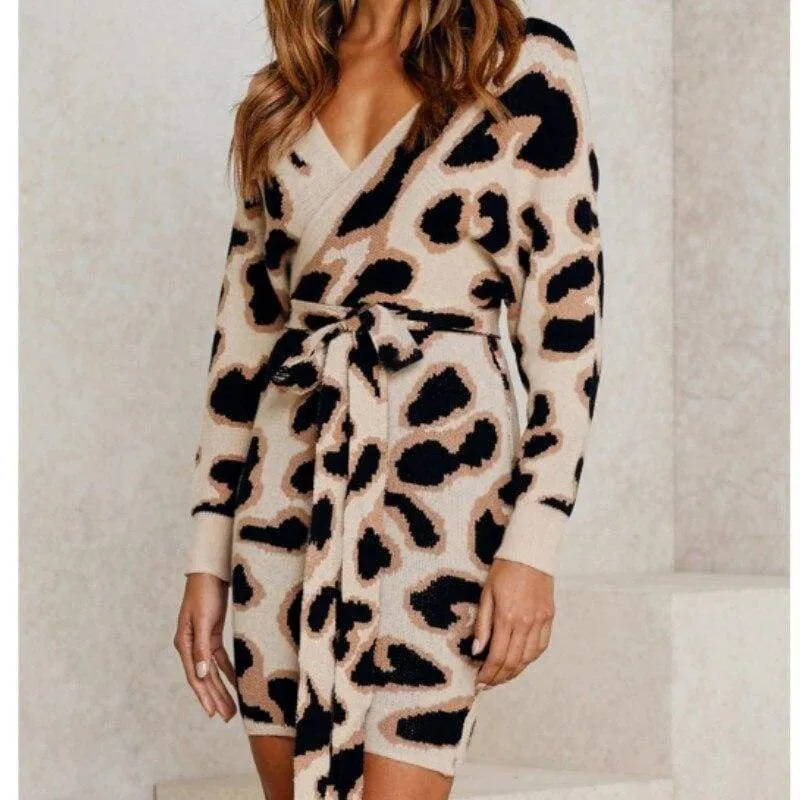 FashionSierra - New Fashion Women Autumn Elegant Leopard Bodycon Dress Long Sleeve V-neck Backless Casual Vintage Dress