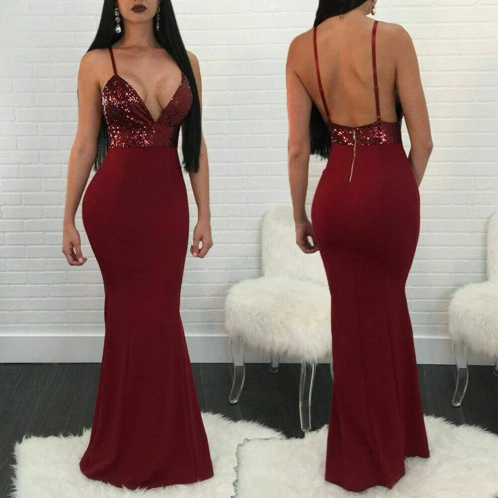 FashionSierra - New Women Formal Prom Long Sequin Dress V-Neck Sleeveless Bodycon SunDress Party Cocktail Long Slim Dress