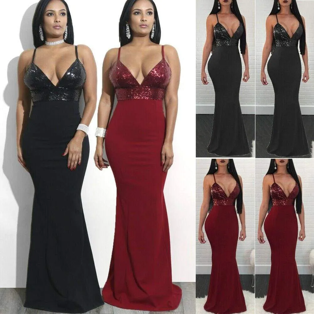 FashionSierra - New Women Formal Prom Long Sequin Dress V-Neck Sleeveless Bodycon SunDress Party Cocktail Long Slim Dress