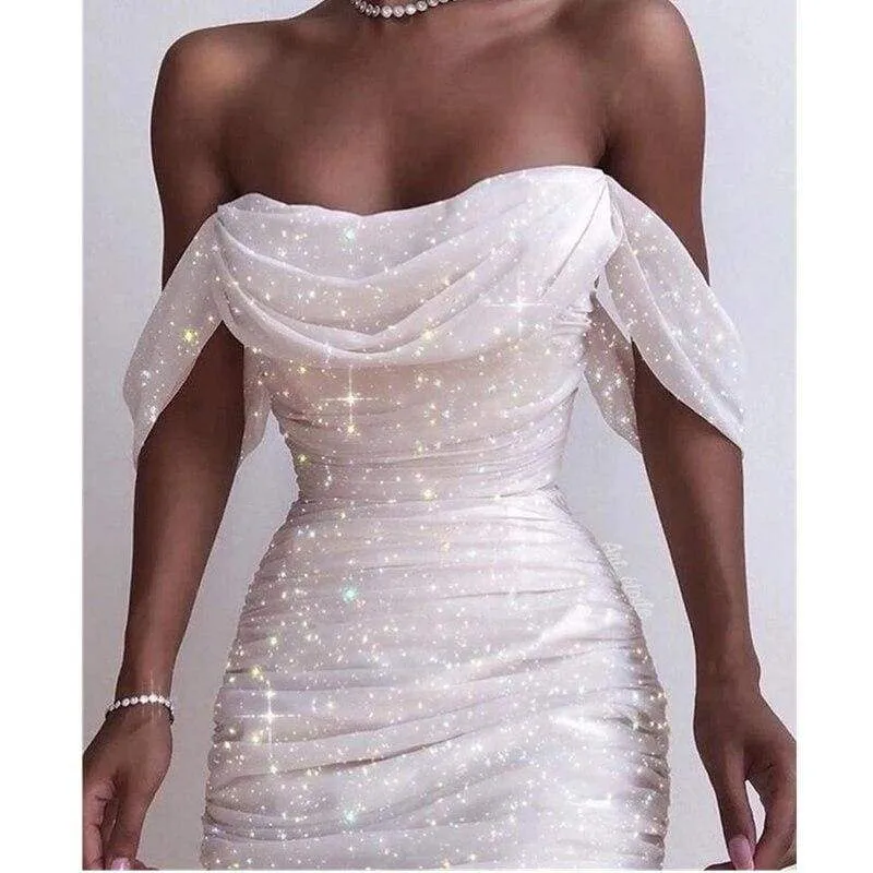 FashionSierra - Off Shoulder Pleated White bodycon Dress Women Strapless Backless Shinny Dress Elegant Party Dresses Clothes