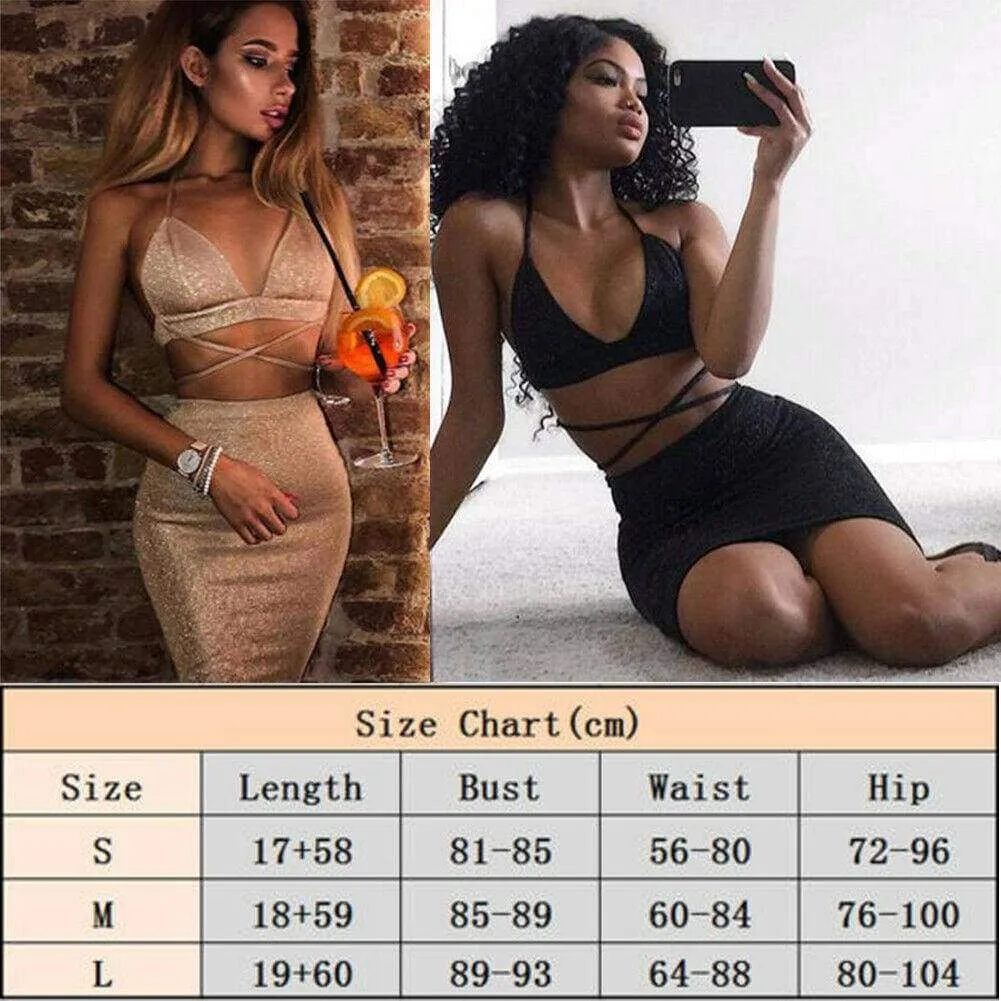 FashionSierra - Women 2 Piece Set Party Dress Summer Ladies Casual Bandeau Cut Out Multi Tie Bodycon Slim Bardot Top Skirt Clubwear