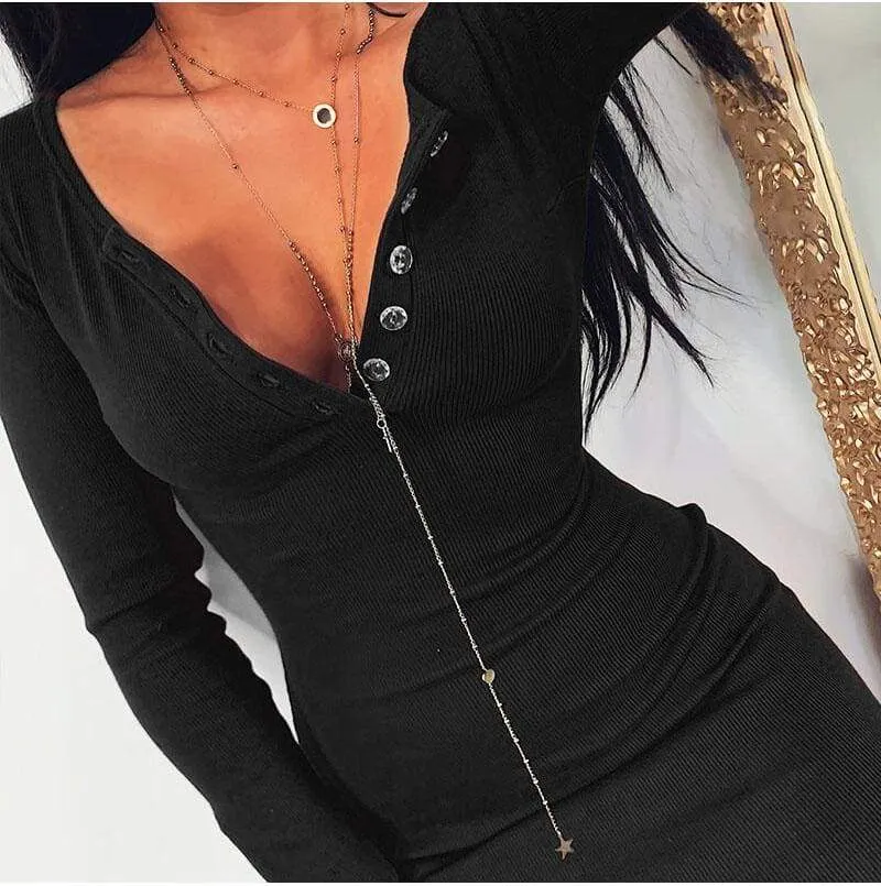 FashionSierra - Women Autumn Winter Casual Plain Bodycon Mini Dress Elegant Long Sleeve V Neck Slim Bandage Stretch Ladies Dresses Streetwear