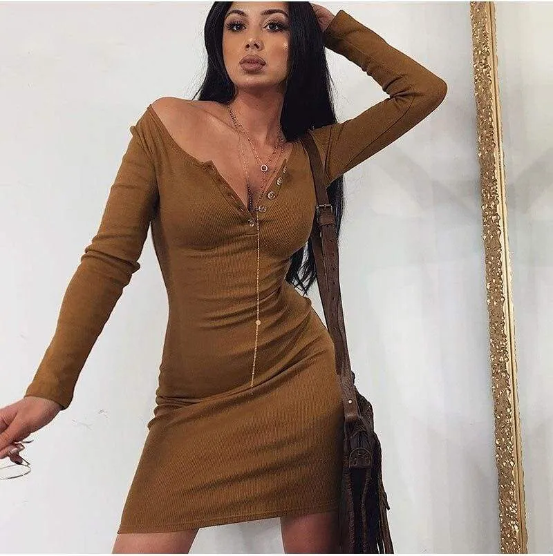 FashionSierra - Women Autumn Winter Casual Plain Bodycon Mini Dress Elegant Long Sleeve V Neck Slim Bandage Stretch Ladies Dresses Streetwear