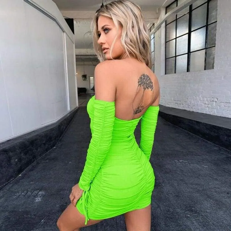 FashionSierra - Women Bodycon Dress Off Shoulder Long Sleeve Hollow Out Solid Clubwear Party Ladies Casual Slim Mini Dress