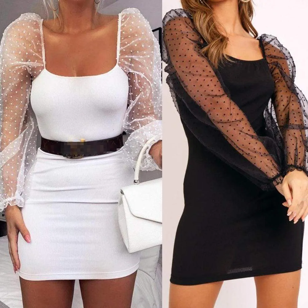 FashionSierra - Women Bodycon Dress Slim Sheath Mesh Long Sleeve Dress