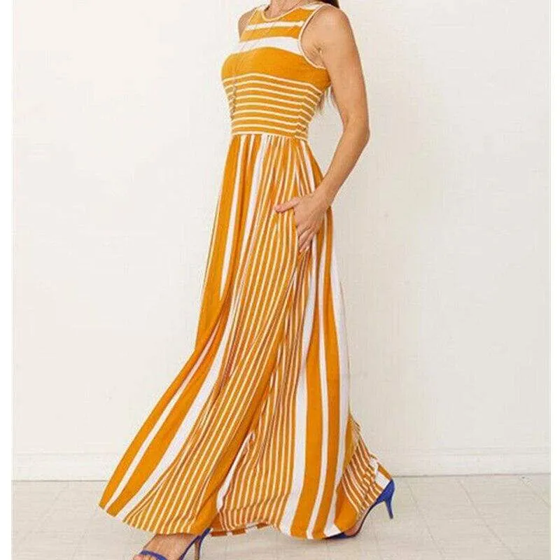 FashionSierra - Women Ladies Boho Stripe Bodycon Sleeveless Maxi Dress Pocket High Waist Summer Beach Dress Sundress New