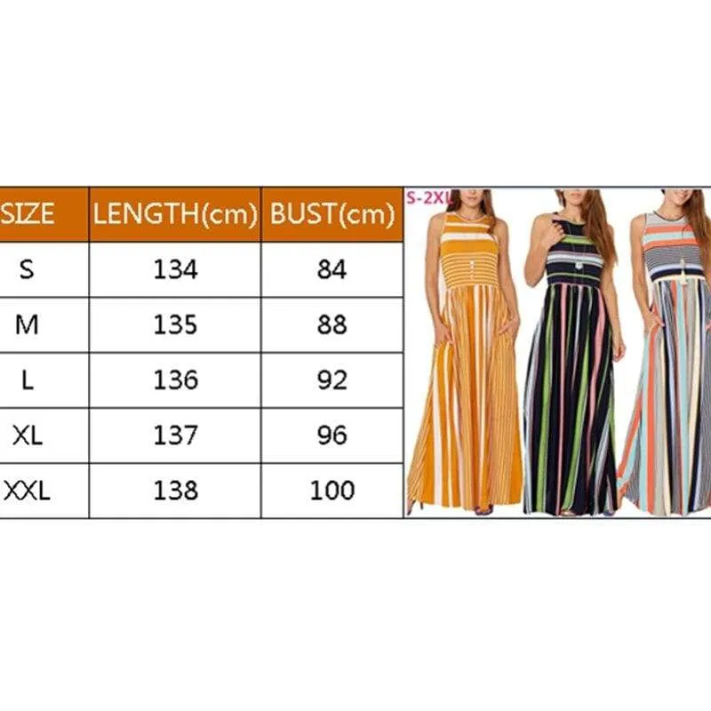 FashionSierra - Women Ladies Boho Stripe Bodycon Sleeveless Maxi Dress Pocket High Waist Summer Beach Dress Sundress New