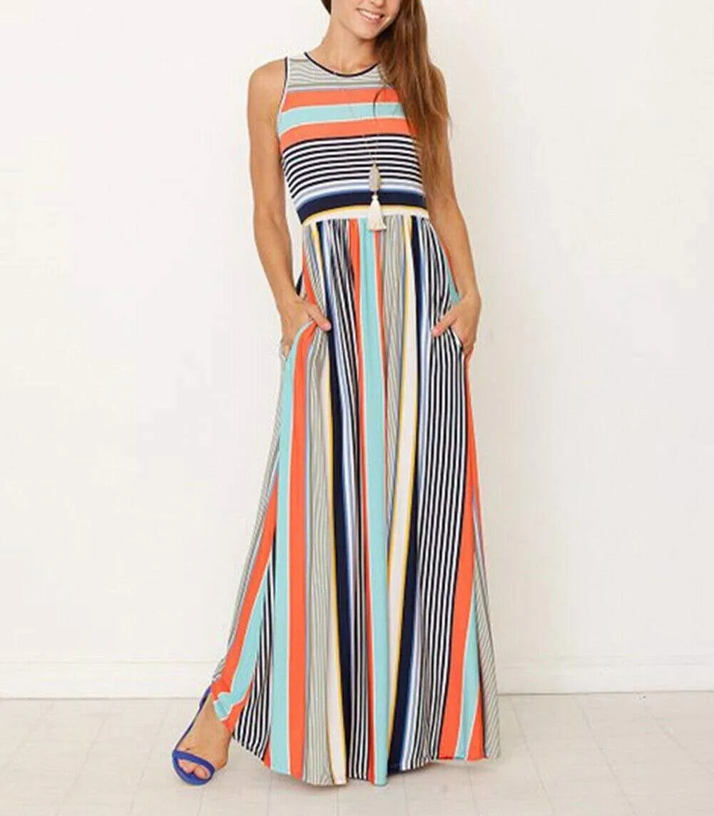 FashionSierra - Women Ladies Boho Stripe Bodycon Sleeveless Maxi Dress Pocket High Waist Summer Beach Dress Sundress New