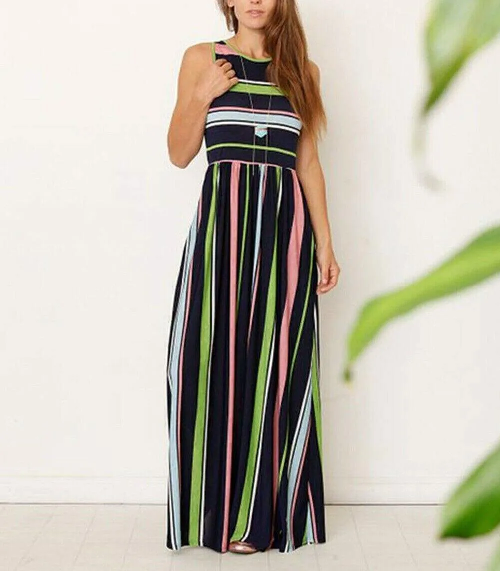 FashionSierra - Women Ladies Boho Stripe Bodycon Sleeveless Maxi Dress Pocket High Waist Summer Beach Dress Sundress New