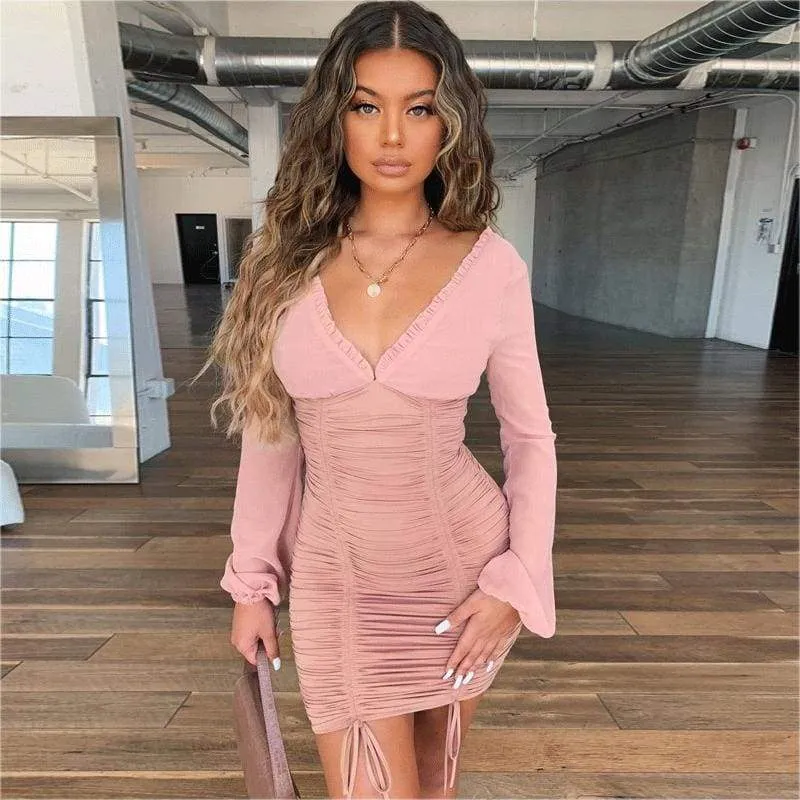 FashionSierra - Women Mesh Sheer Long Sleeve Bandage Bodycon Evening Party Club Mini Dress Ladies Deep V Neck Backless Dress