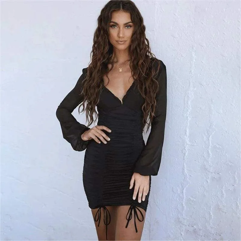 FashionSierra - Women Mesh Sheer Long Sleeve Bandage Bodycon Evening Party Club Mini Dress Ladies Deep V Neck Backless Dress