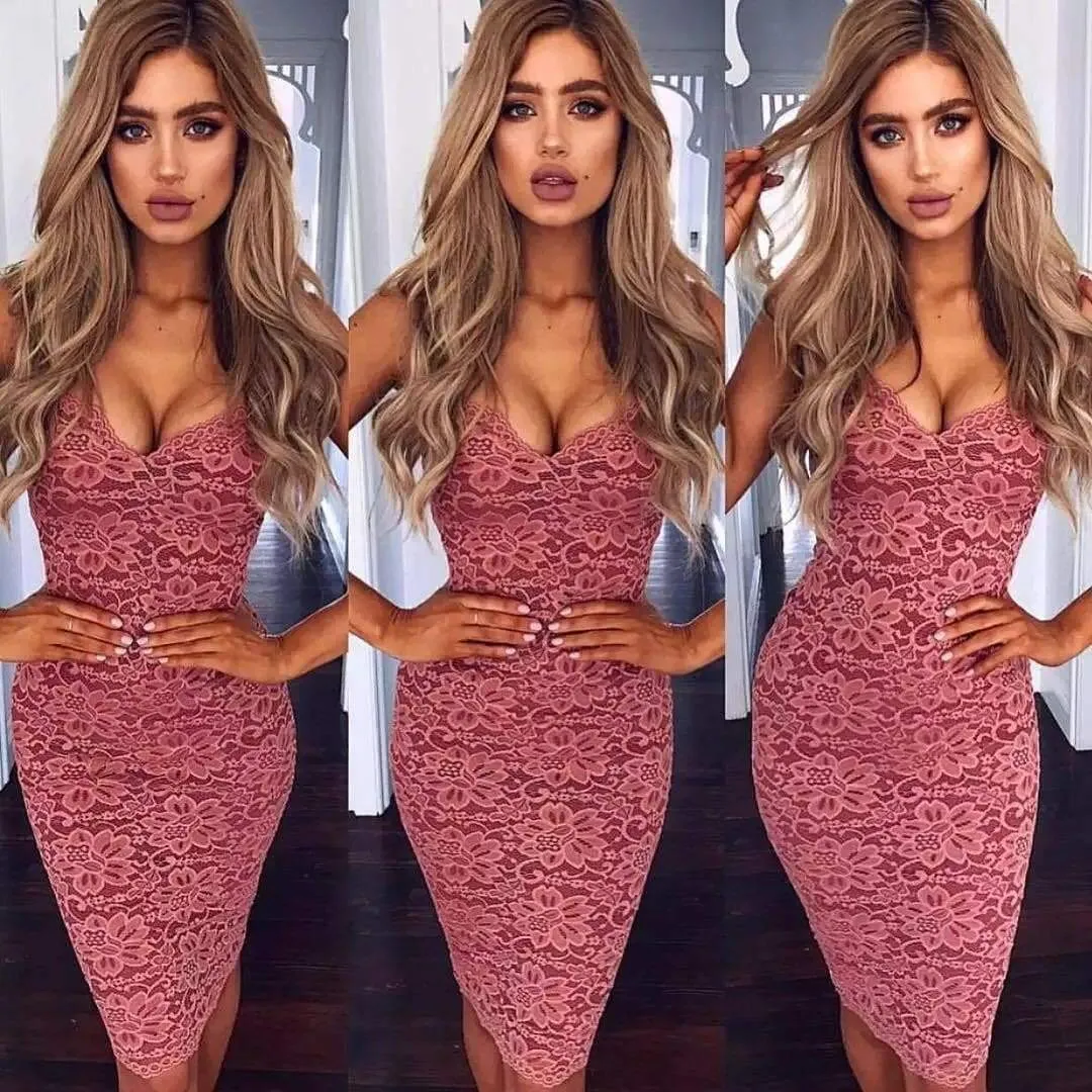 FashionSierra - Women Summer Lace Elegant Party Bodycon Dress Ladies V-Neck Spaghetti Strap Knee-Length Women's Formal Dress