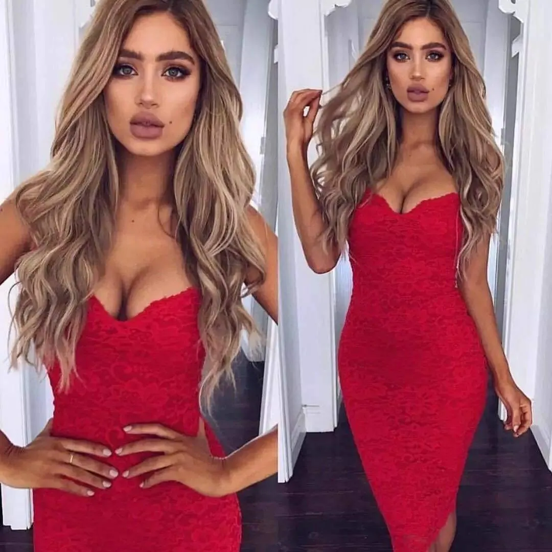 FashionSierra - Women Summer Lace Elegant Party Bodycon Dress Ladies V-Neck Spaghetti Strap Knee-Length Women's Formal Dress