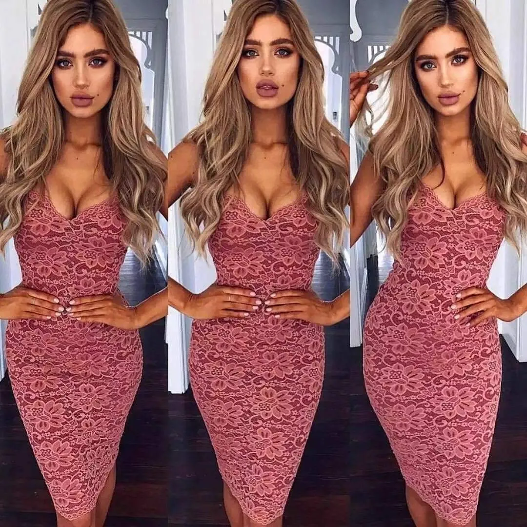 FashionSierra - Women Summer Lace Elegant Party Bodycon Dress Ladies V-Neck Spaghetti Strap Knee-Length Women's Formal Dress