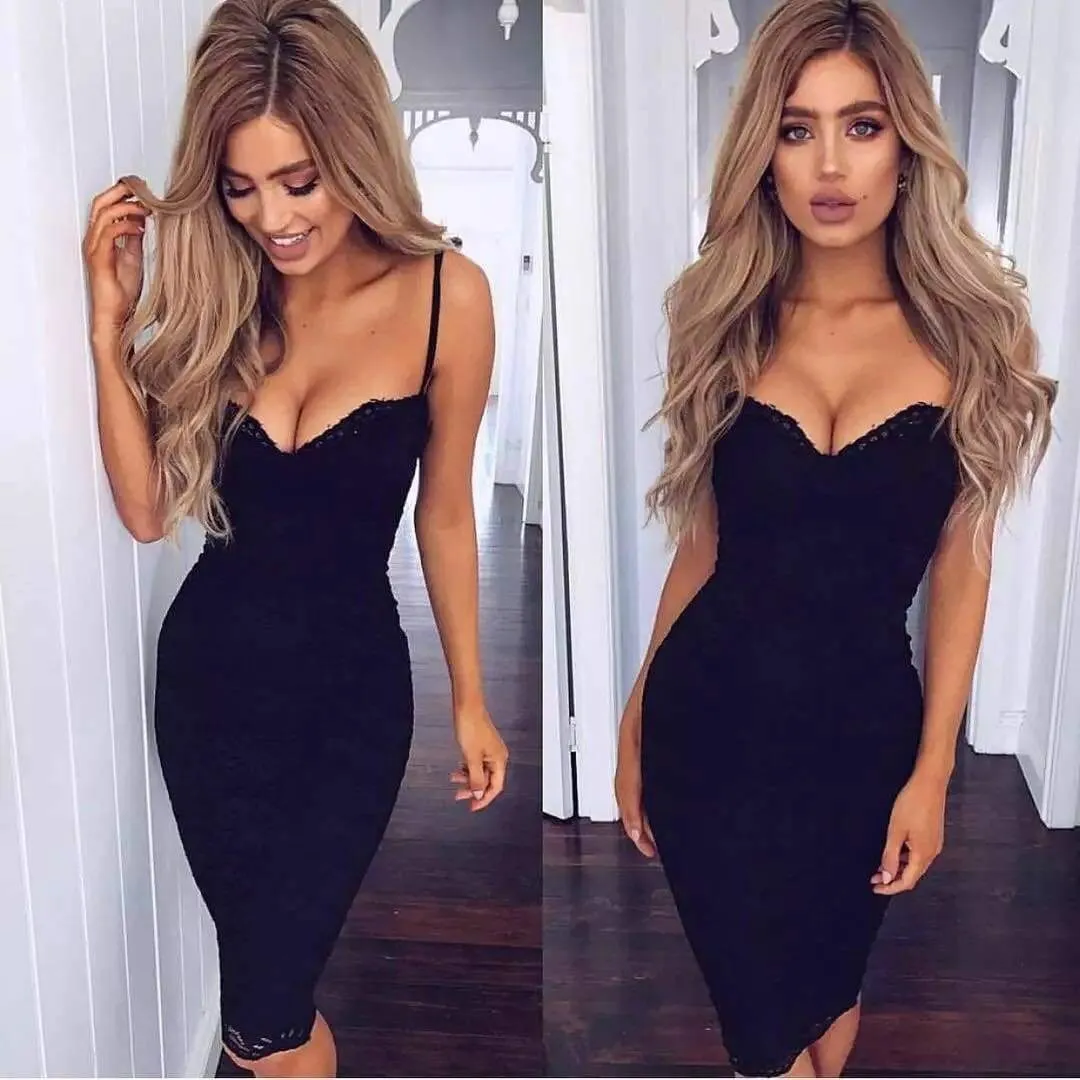 FashionSierra - Women Summer Lace Elegant Party Bodycon Dress Ladies V-Neck Spaghetti Strap Knee-Length Women's Formal Dress