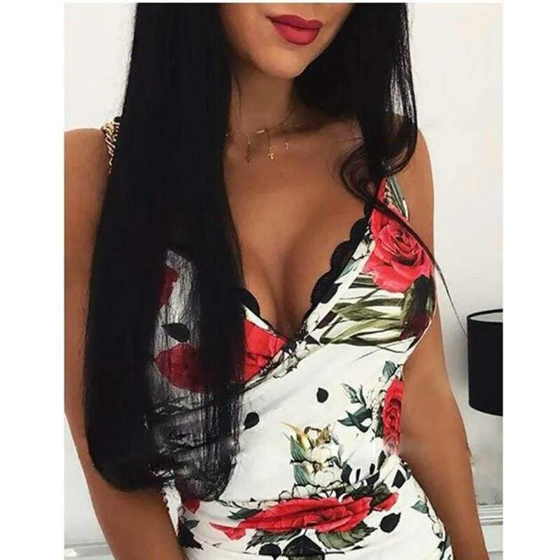 FashionSierra - Women's Asymmetric Bodycon Dress Floral Ladies Casual Sleeveless V Neck Holiday Summer Party Slim Mini Dress