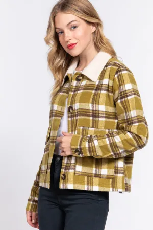 Faux Fur Collar Plaid Jacket in Olive